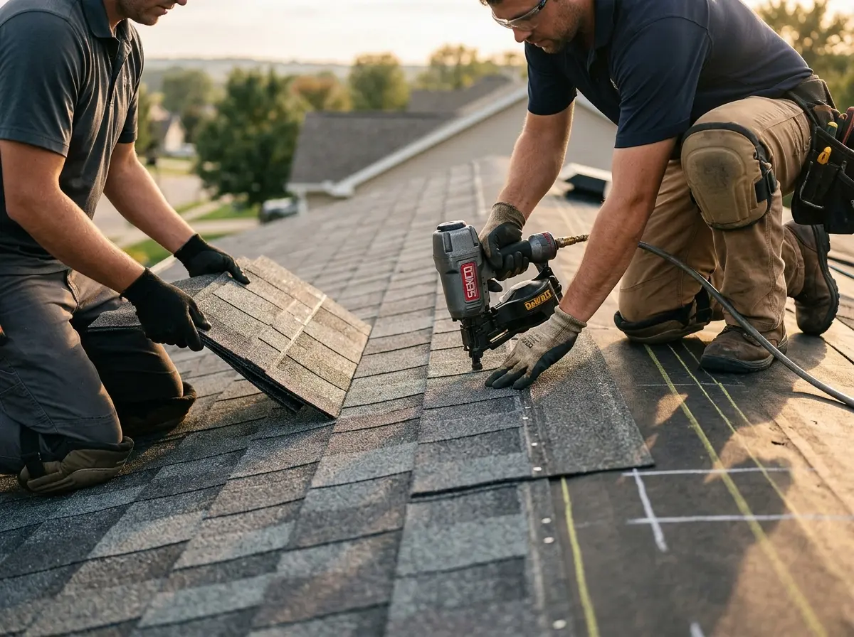 Professional roofer working on a residential roof in Martin